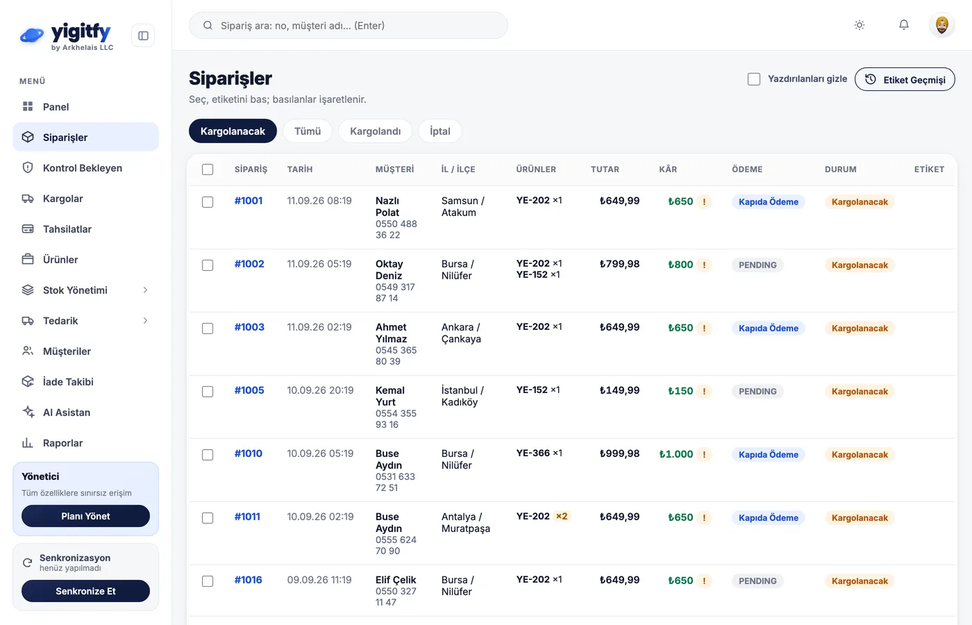 yigitfy Siparişler ekranı: Trendyol ve Shopify siparişleri aynı listede, toplu seçim ve etiket basma
