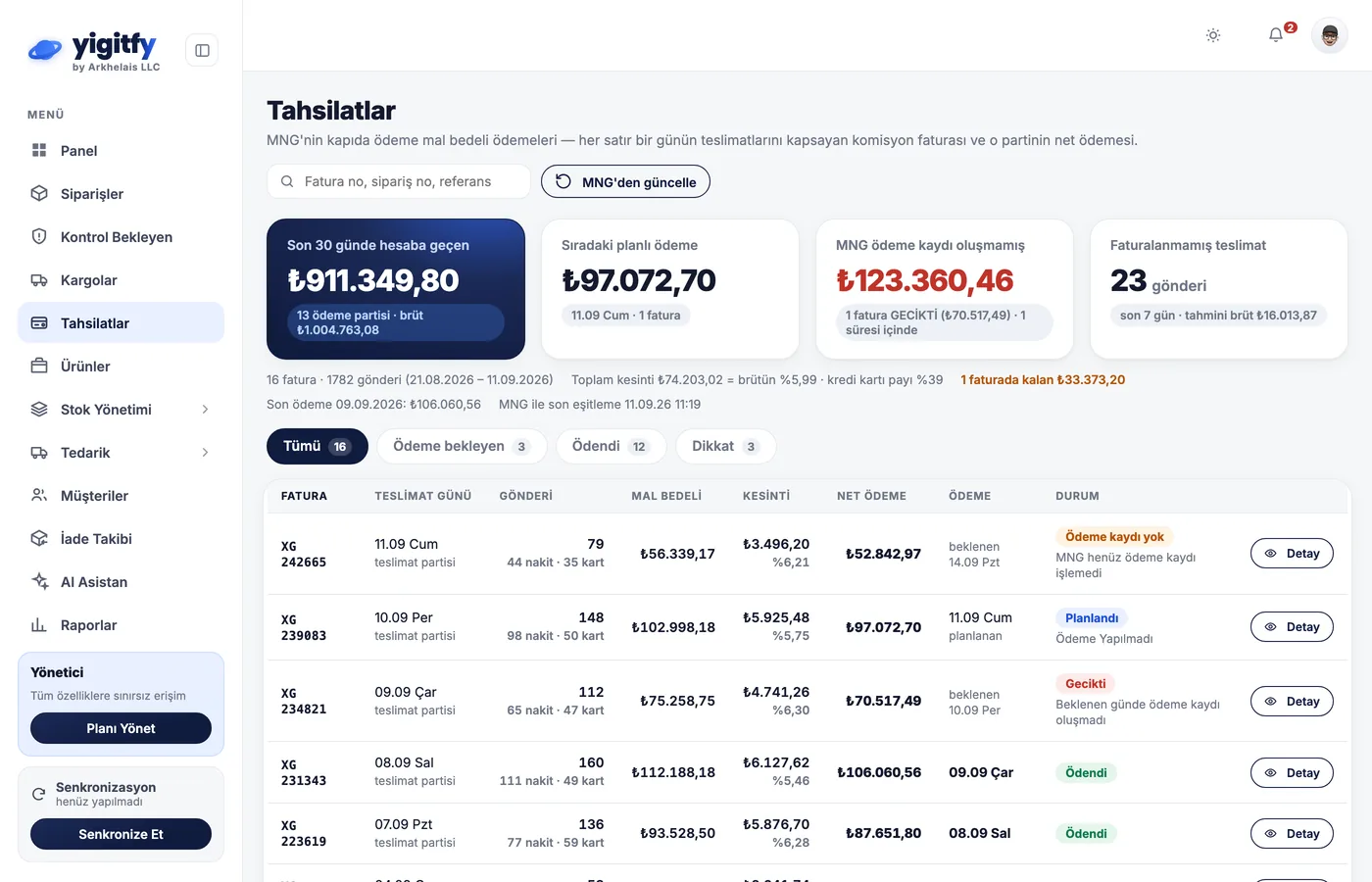 yigitfy Tahsilatlar ekranı: kargo firmasının günlük kapıda ödeme ödeme partileri, kesinti, net ödeme ve ödendi / planlandı / gecikti durumları